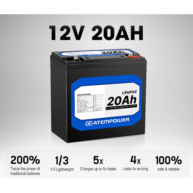 ATEM POWER Deep Cycle Solar Rechargeable 12V 20Ah LiFePO4 Lithium Ion Battery Pack for RV Camping